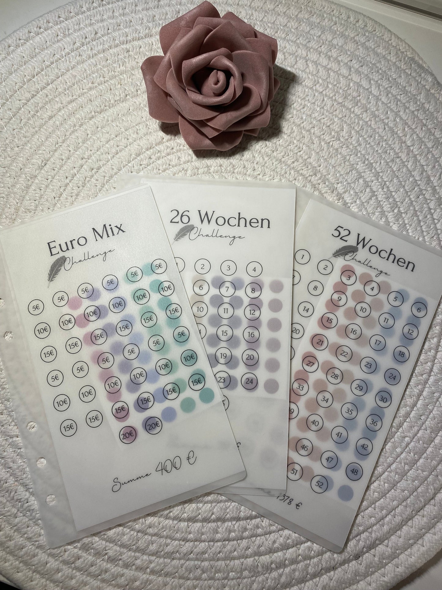 Frosty Geldumschläge laminiert mit Challenge / 5Euro /10 Euro / 26 Wochen